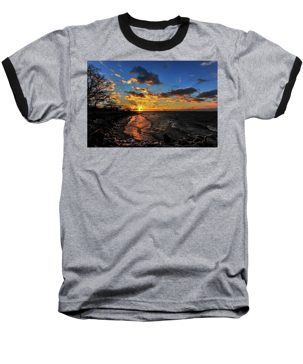 Landscape Baseball T-Shirt featuring the photograph Winter sunset on a Chesapeake Bay beach by Patrick Wolf