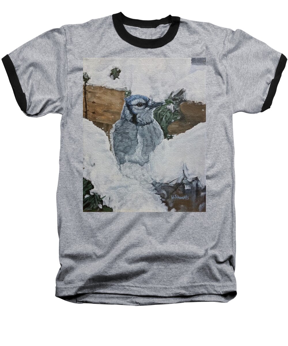 Blue Jay Baseball T-Shirt featuring the painting Winters Greeting by Wendy Shoults