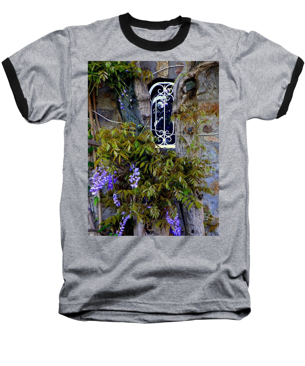 Wisteria Baseball T-Shirt featuring the photograph Wisteria Window by Lainie Wrightson