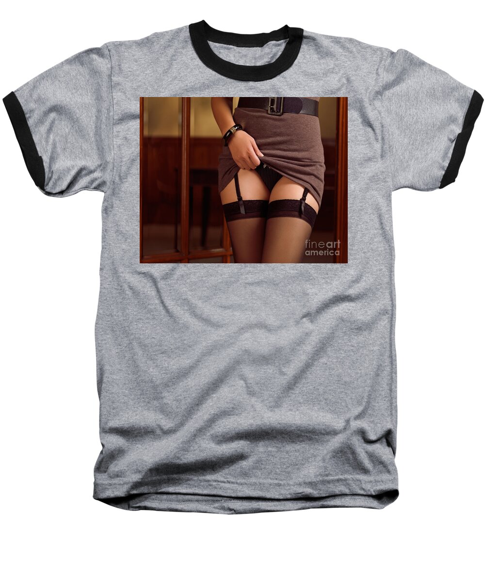 Lingerie Baseball T-Shirt featuring the photograph Woman Showing her Sexy Lingerie by Maxim Images Exquisite Prints