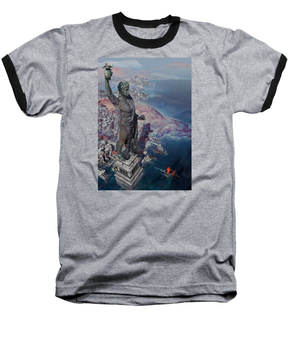 Landscape Baseball T-Shirt featuring the digital art wonders the Colossus of Rhodes by Te Hu