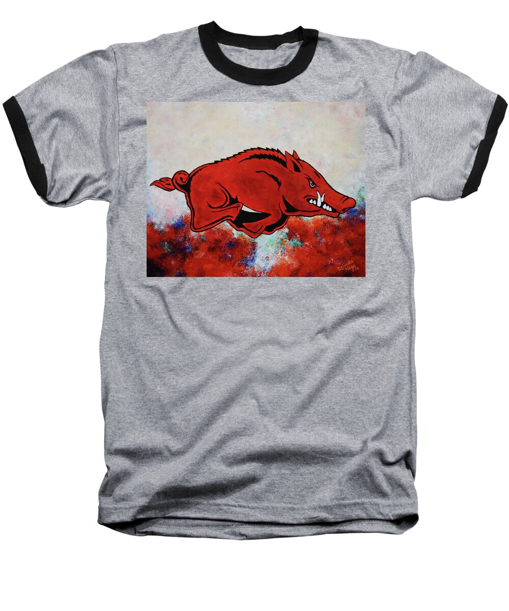 Razorback Baseball T-Shirt featuring the painting Woo Pig Sooie by Belinda Nagy