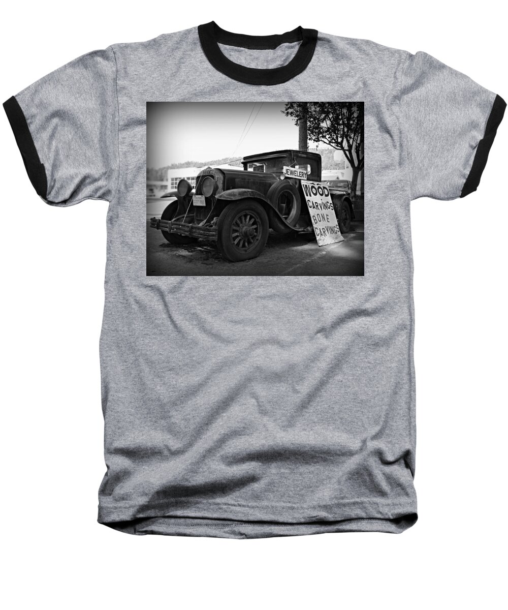 Creepy 1929 Buick Parked Along The Avenue Of The Giants In Miranda Baseball T-Shirt featuring the photograph Wood Carvings Bone Carvings by Steve Natale