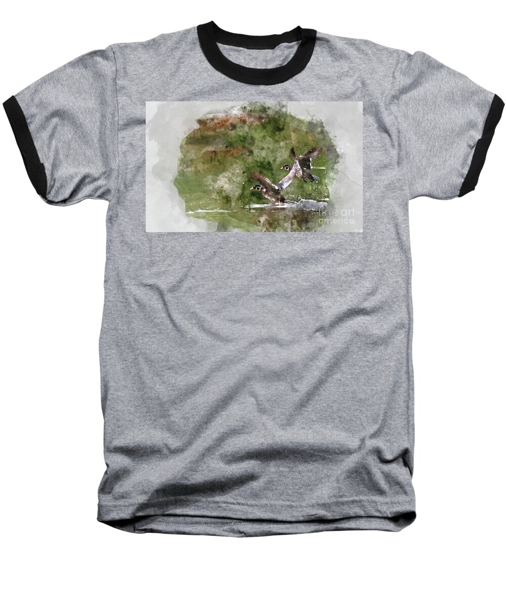 Animal Watercolor Baseball T-Shirt featuring the digital art Wood Ducks in Flight by Kathy Kelly