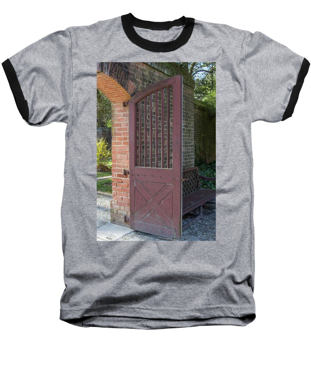 Colonial Williamsburg Baseball T-Shirt featuring the photograph Wooden Garden Door by Teresa Mucha