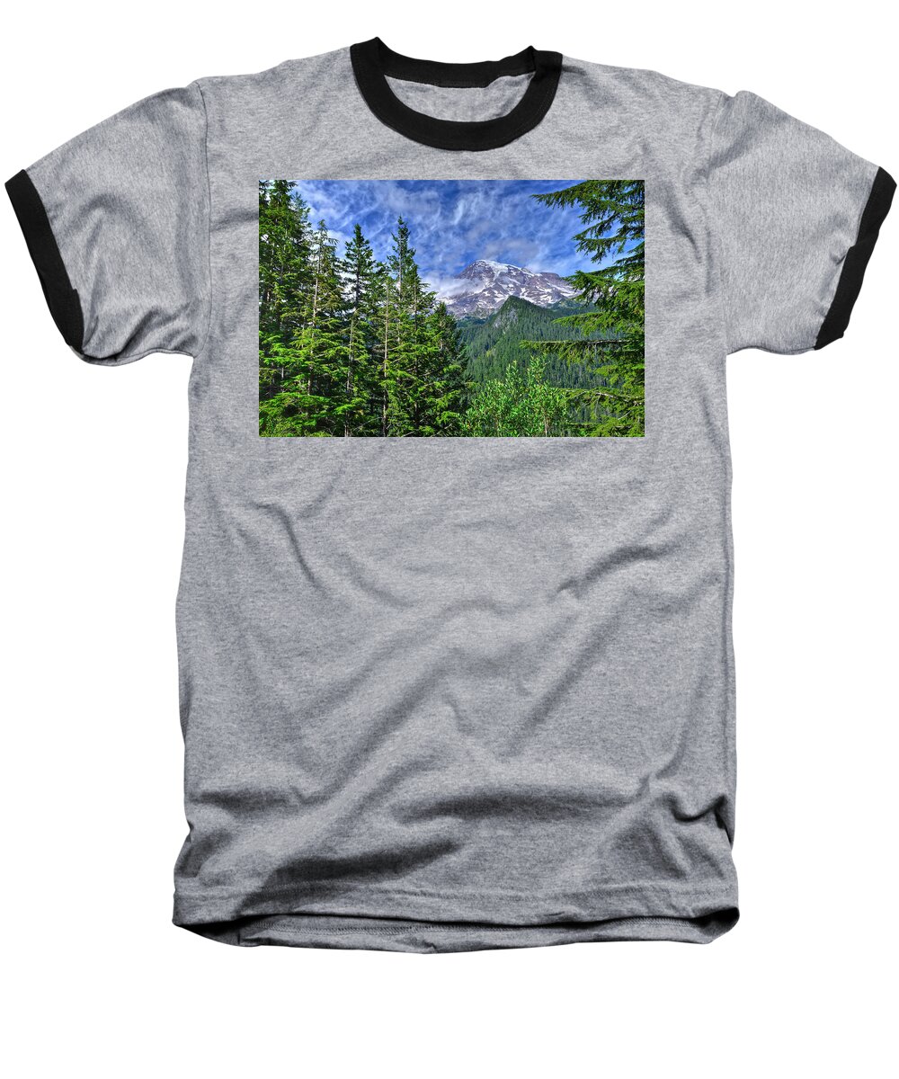 Mt. Rainier National Park Baseball T-Shirt featuring the photograph Woods Surrounding Mt. Rainier by Don Mercer