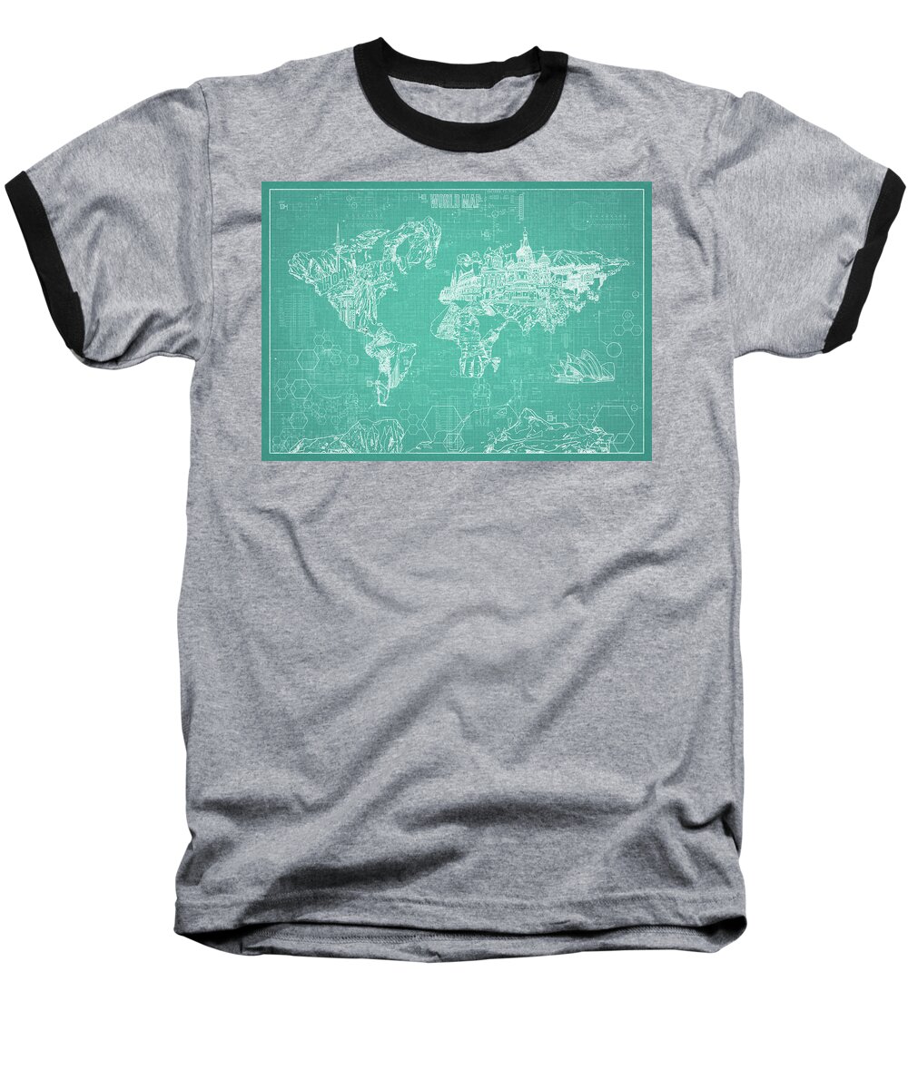 Map Of The World Baseball T-Shirt featuring the digital art World Map Blueprint 7 by Bekim M