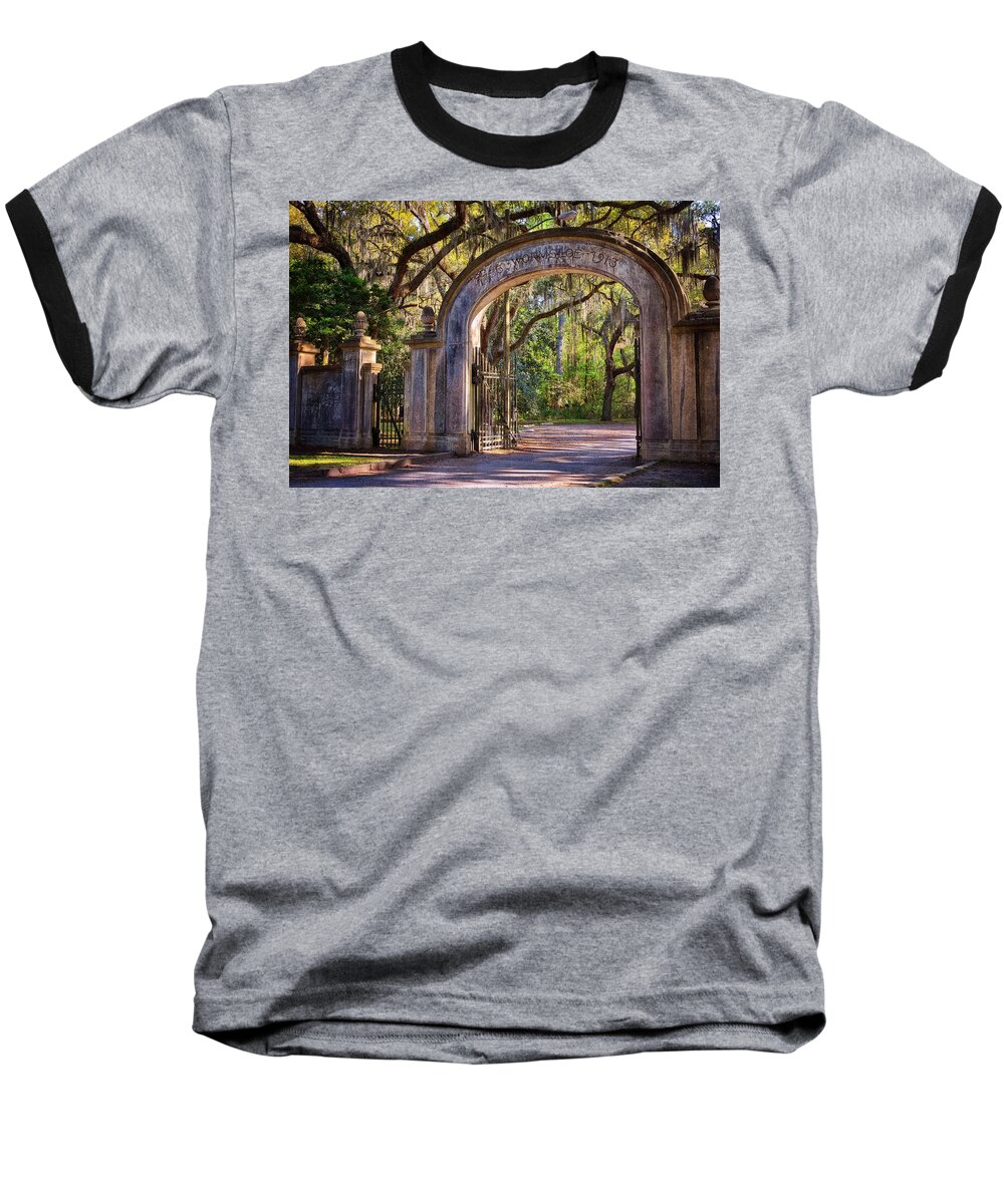 Savannah Baseball T-Shirt featuring the photograph Wormsloe Plantation Gate by Joan Carroll
