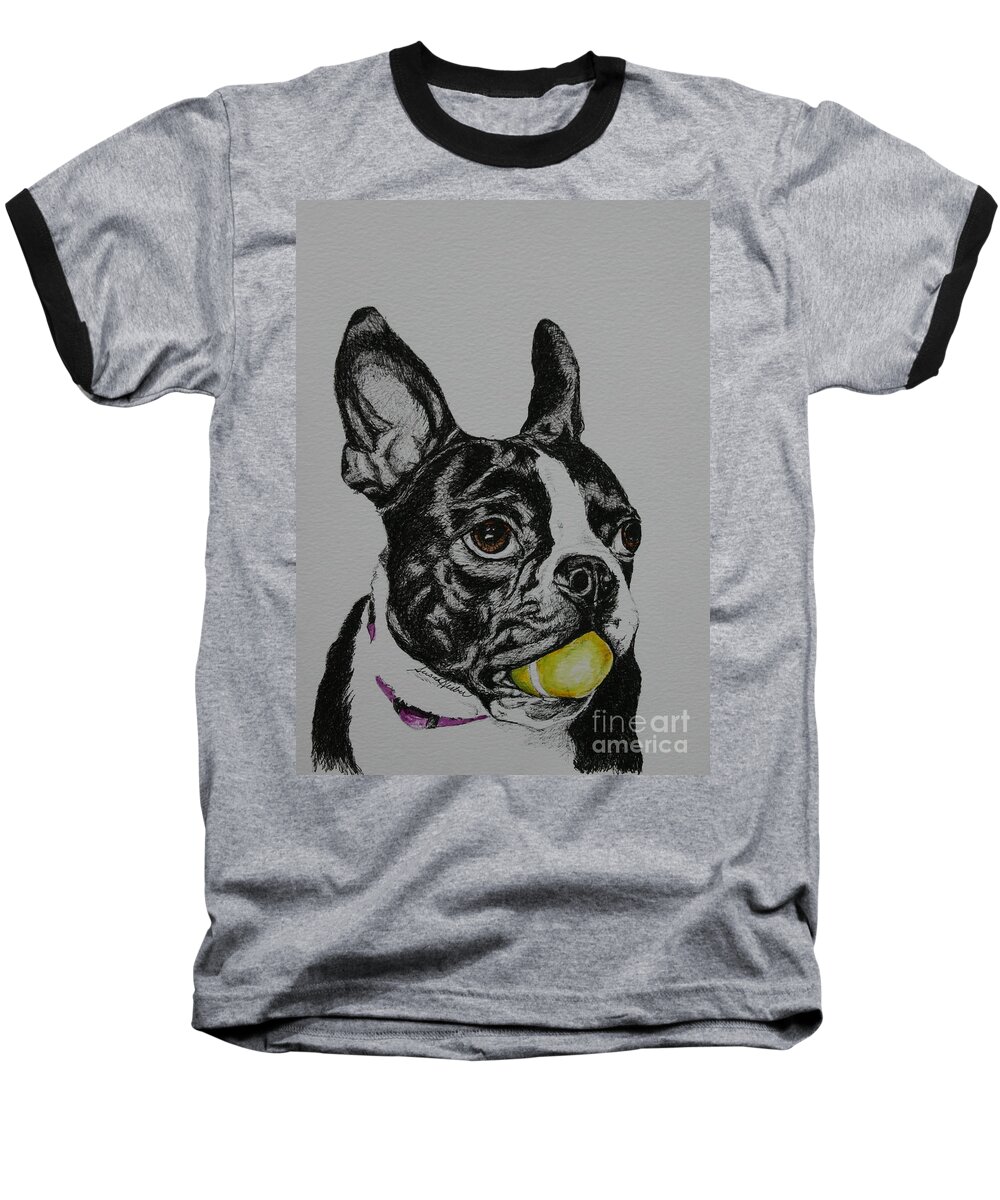Boston Terrier Baseball T-Shirt featuring the mixed media Yellow Ball by Susan Herber