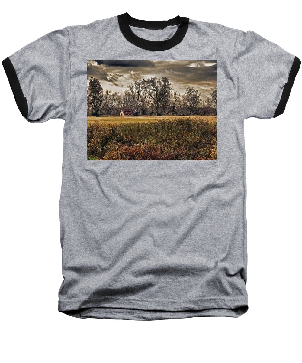 Fairhope Baseball T-Shirt featuring the digital art Yellow Barn and the Field by Michael Thomas