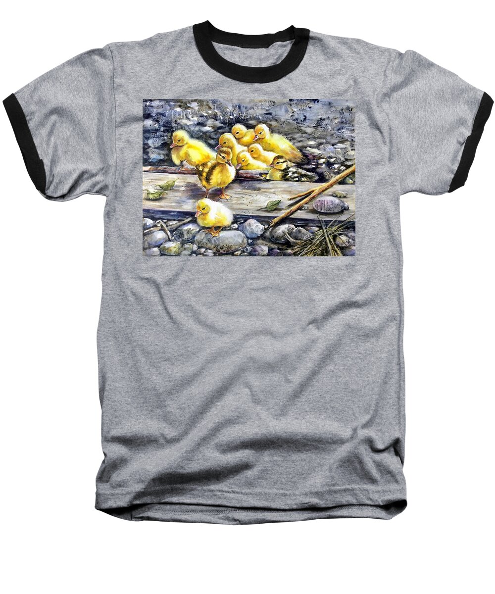 Ducklings Baseball T-Shirt featuring the painting Yellow happiness by Katerina Kovatcheva