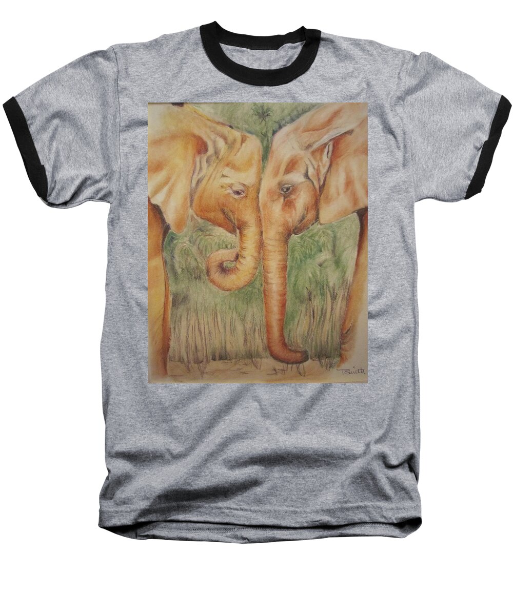 Wild Life Baseball T-Shirt featuring the pastel Young Elephants by Teresa Smith