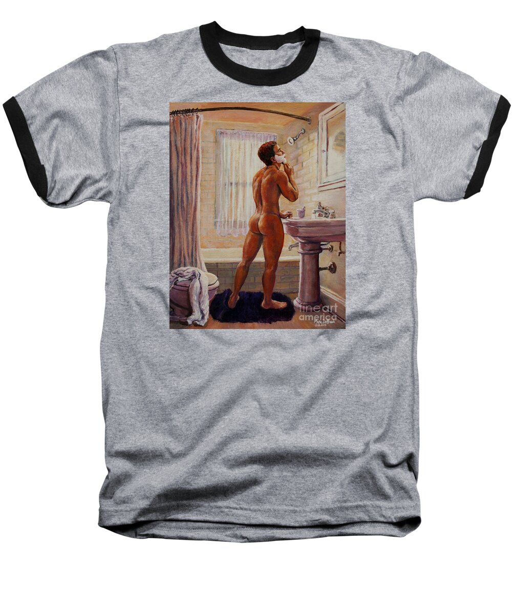 Bathroom Baseball T-Shirt featuring the painting Young Man Shaving by Marc DeBauch