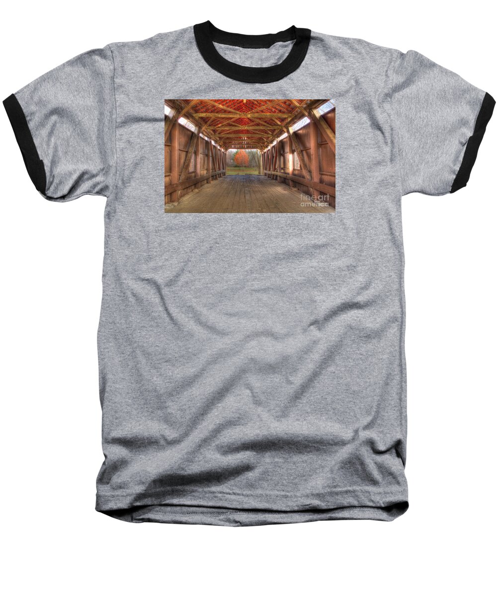 Bridge Baseball T-Shirt featuring the photograph Sycamore Park Covered Bridge by Sharon McConnell