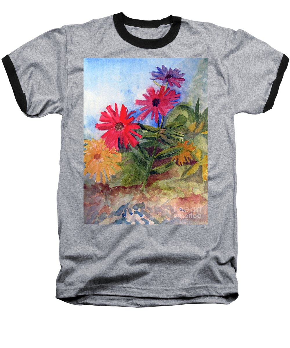 Zinnias Baseball T-Shirt featuring the painting Zinnias in the Garden by Sandy McIntire