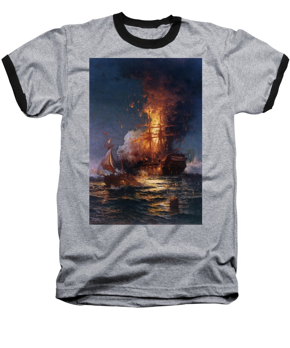 Seascape Baseball T-Shirt featuring the painting Burning of the Frigate Philadelphia in the Harbor of Tripoli #2 by Edward Moran