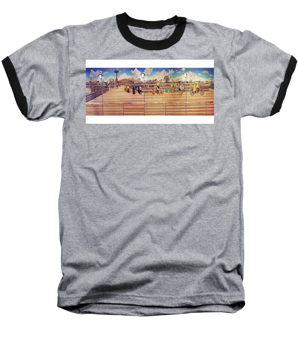  Baseball T-Shirt featuring the painting Coney Island Boardwalk Towel Version #1 by Bonnie Siracusa