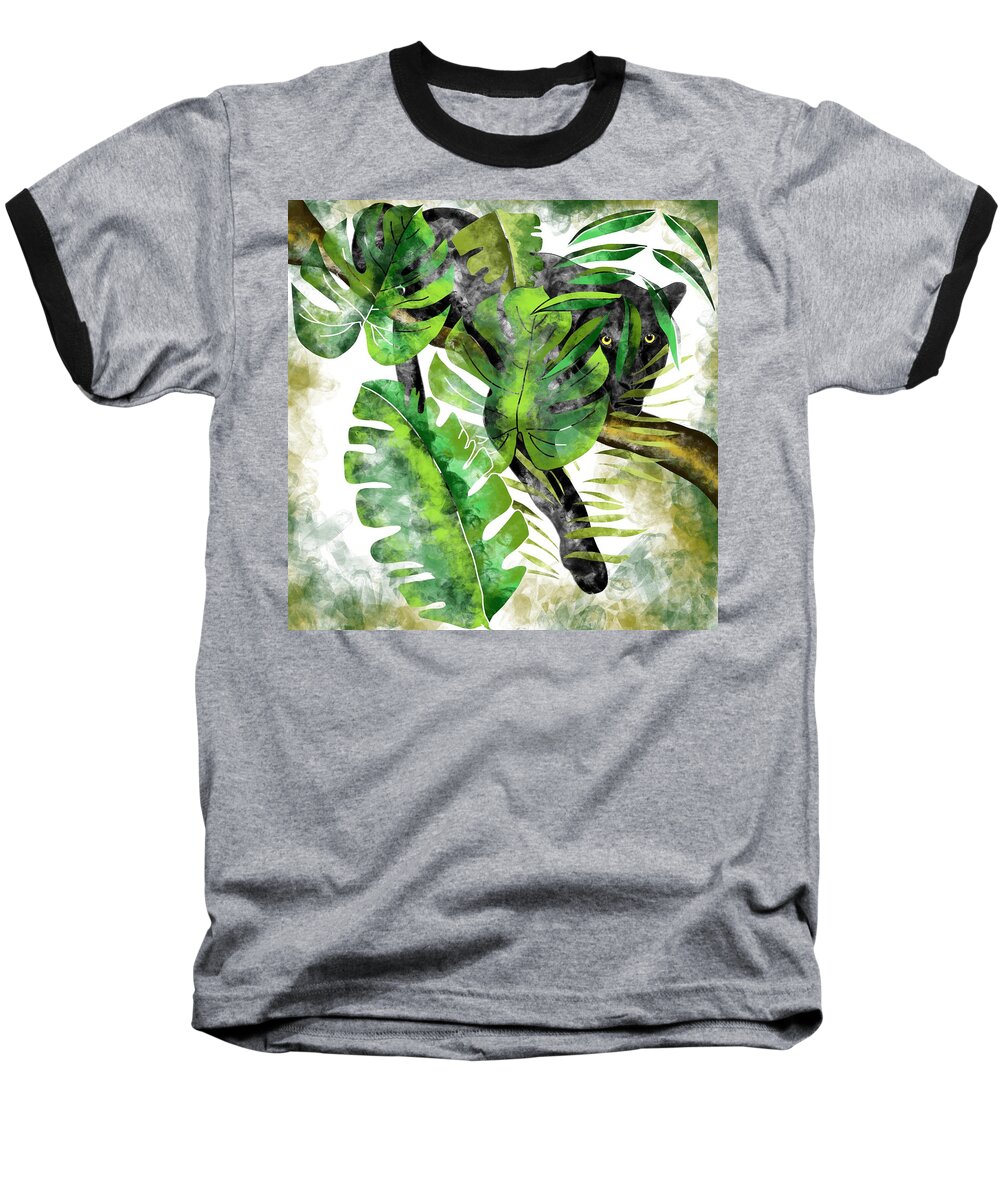 Jaguar Baseball T-Shirt featuring the painting Jaguar The black hunter in the jungle #2 by Patricia Piotrak