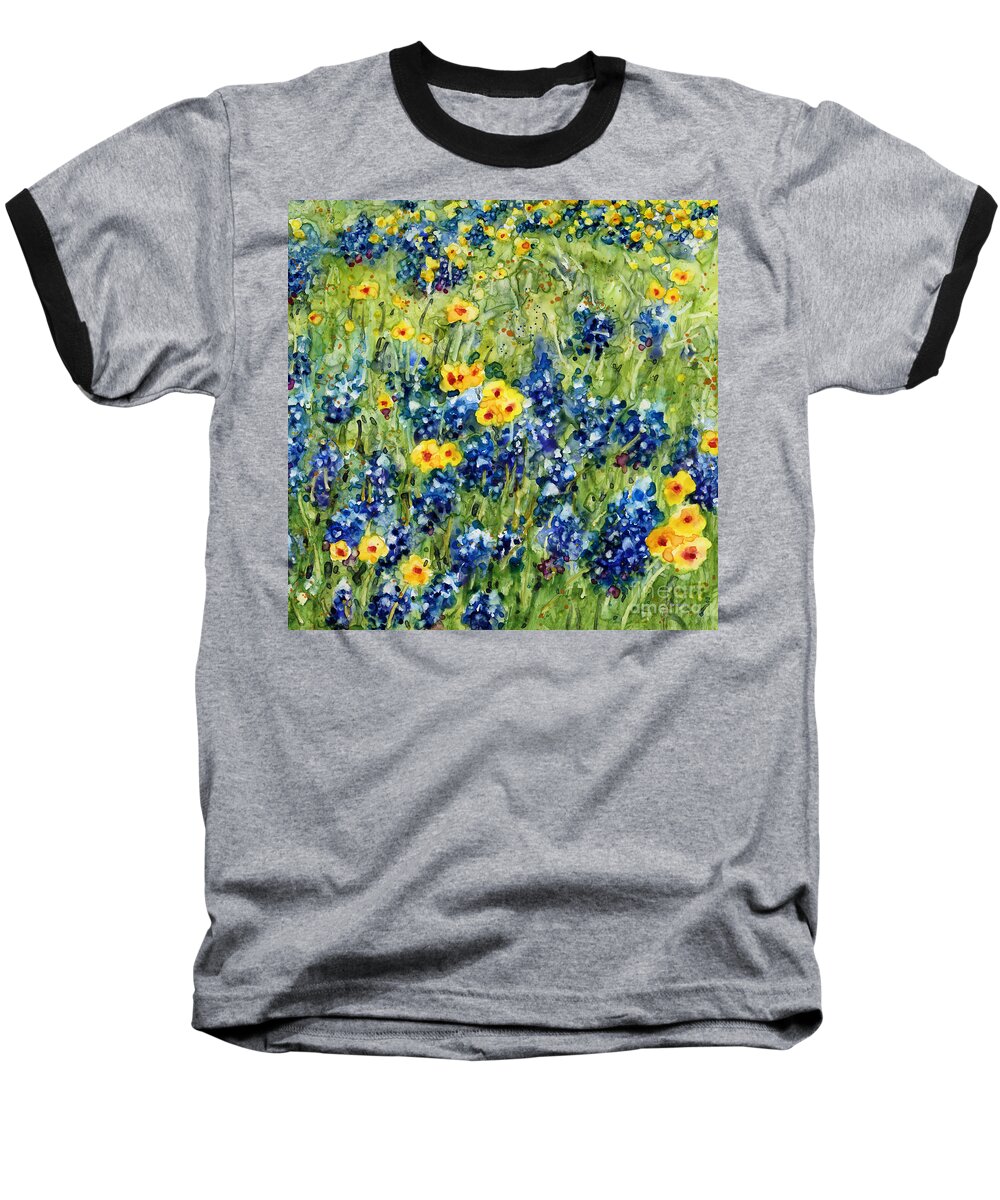 Bluebonnet Baseball T-Shirt featuring the painting Painted Hills - Bluebonnets and Coreopsis by Hailey E Herrera
