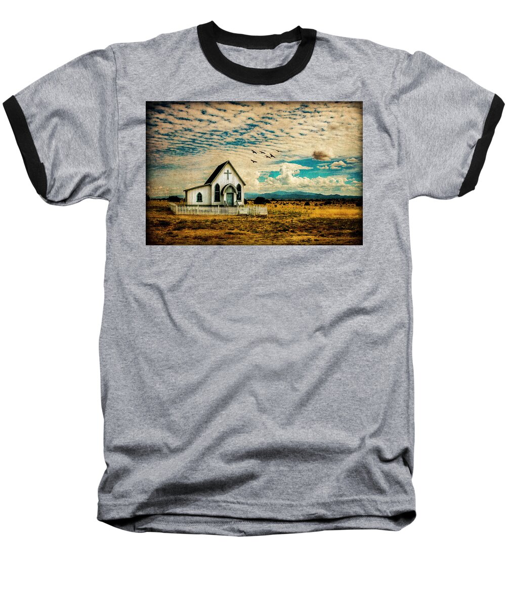 A Lone Prairie Church Baseball T-Shirt featuring the photograph A Lone Prairie Church by Lou Novick