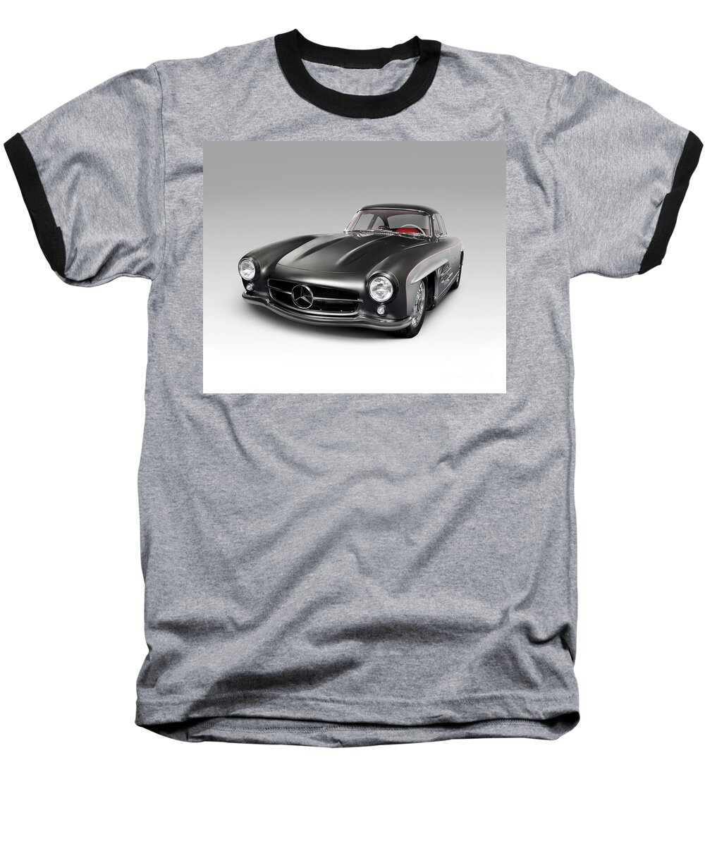 Mercedes-benz Baseball T-Shirt featuring the photograph Art print of 1955 Mercedes-Benz 300 SL Gullwing Coupe retro car by Maxim Images Exquisite Prints