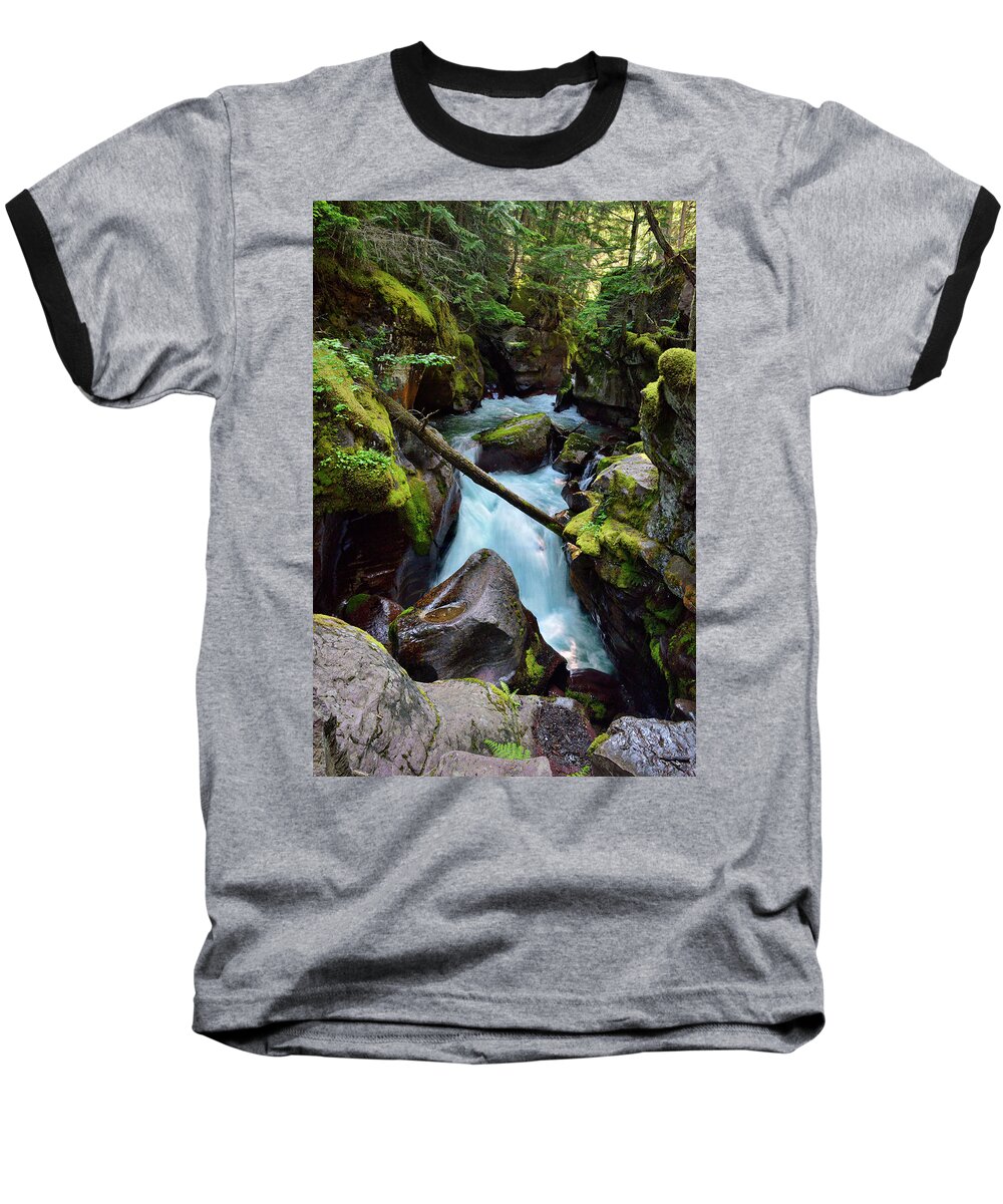 Glacier Baseball T-Shirt featuring the photograph Avalanche Creek Falls 5 by Roger Snyder
