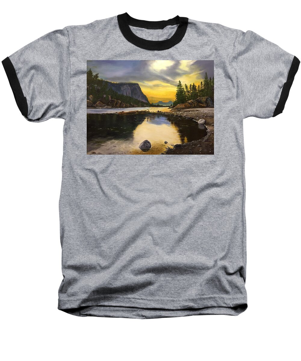 Banff Baseball T-Shirt featuring the painting Bow River Sunrise by Sharon Duguay