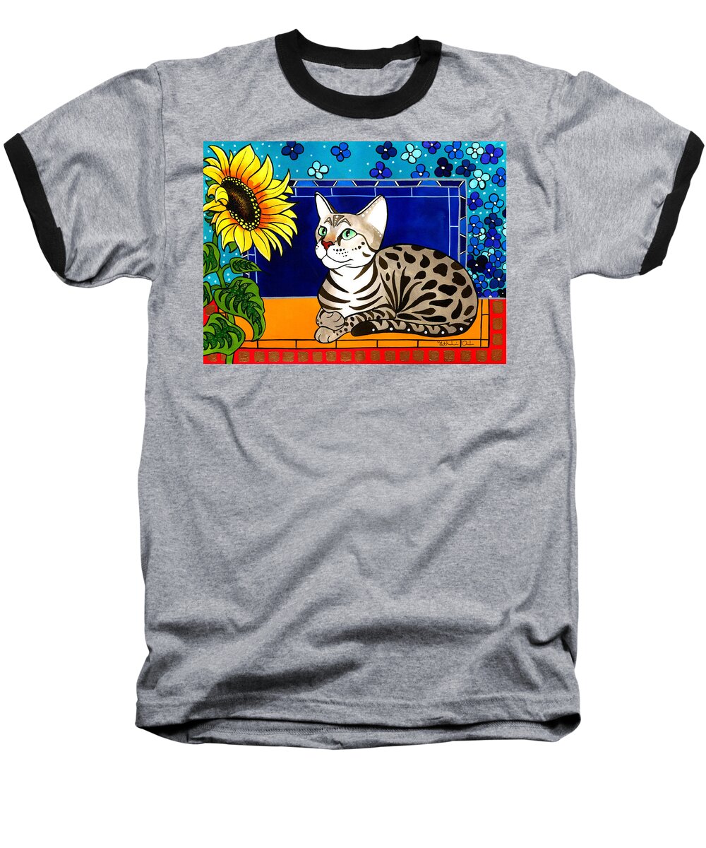 Beauty In Bloom Baseball T-Shirt featuring the painting Beauty in Bloom - Savannah Cat Painting by Dora Hathazi Mendes