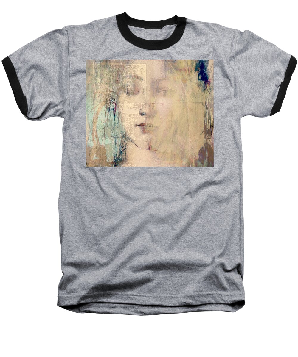 Female Face Baseball T-Shirt featuring the mixed media Behind The Painted Smile by Paul Lovering
