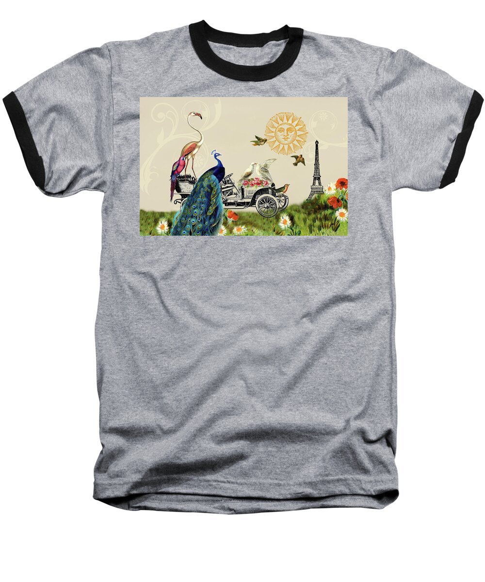 Whimsical Baseball T-Shirt featuring the mixed media Birds of a Feather in Paris, France by Peggy Collins