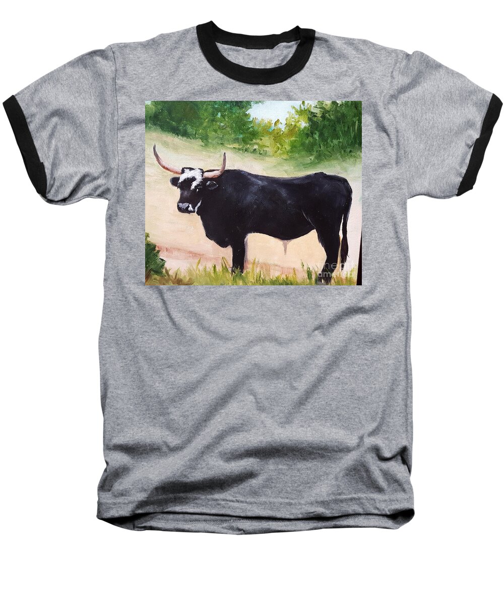Black Bull Baseball T-Shirt featuring the painting Black Bull by Barbara Haviland
