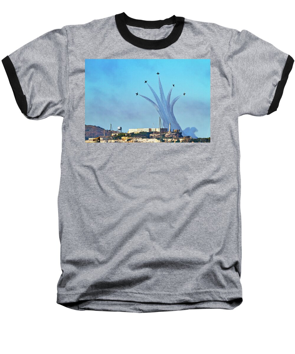 Blue Angels Baseball T-Shirt featuring the photograph Blue Angels Over Alcatraz Island 2 by Bonnie Follett