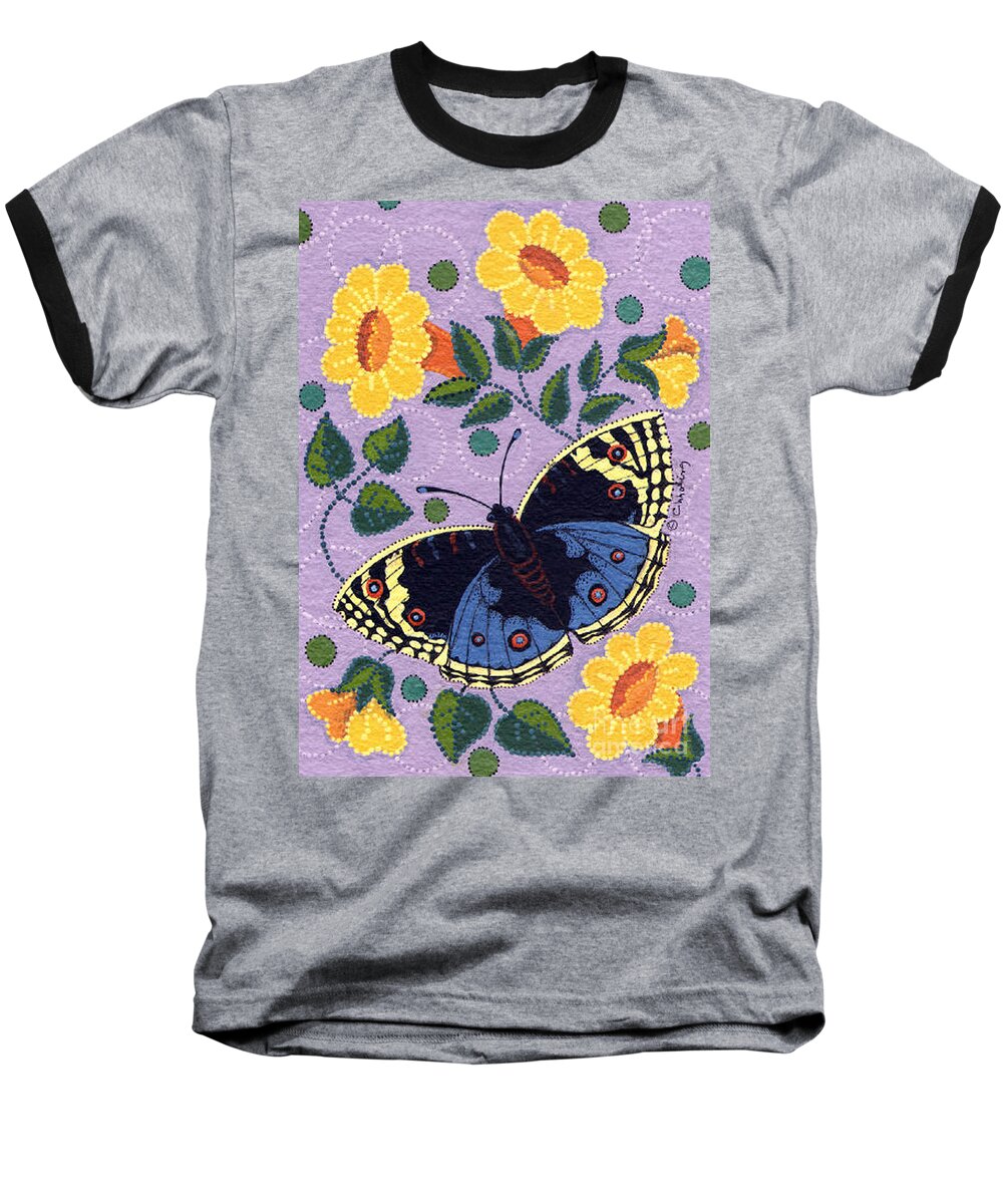 Butterfly Baseball T-Shirt featuring the painting Blue Pansy Buckeye Butterfly by Chholing Taha