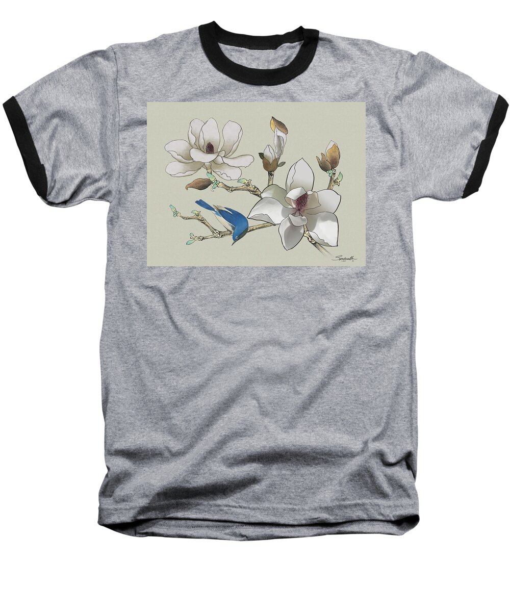 Bluebird Baseball T-Shirt featuring the painting Bluebird and Magnolia by M Spadecaller