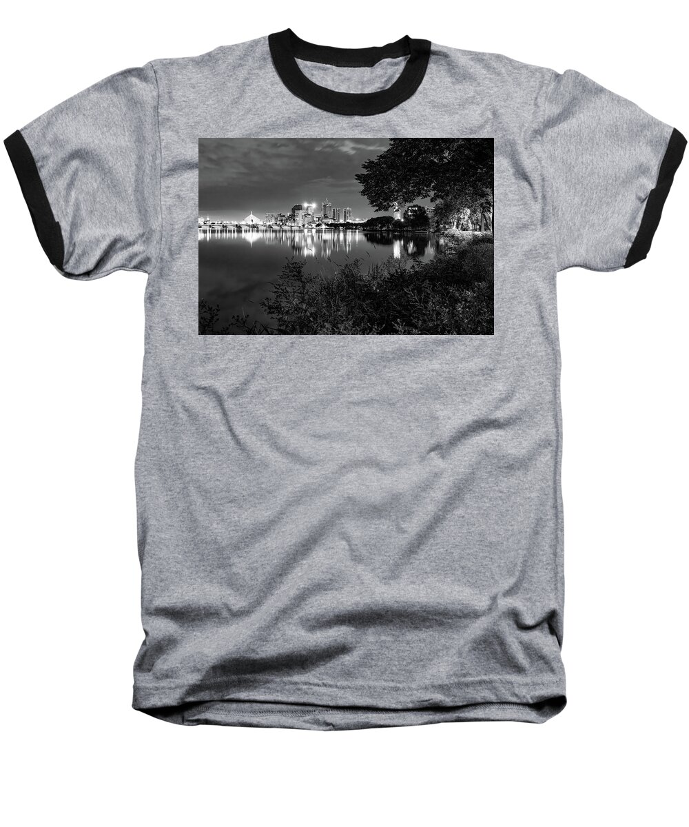 America Baseball T-Shirt featuring the photograph Boston Skyline and Charles River At Dawn in Black and White by Gregory Ballos