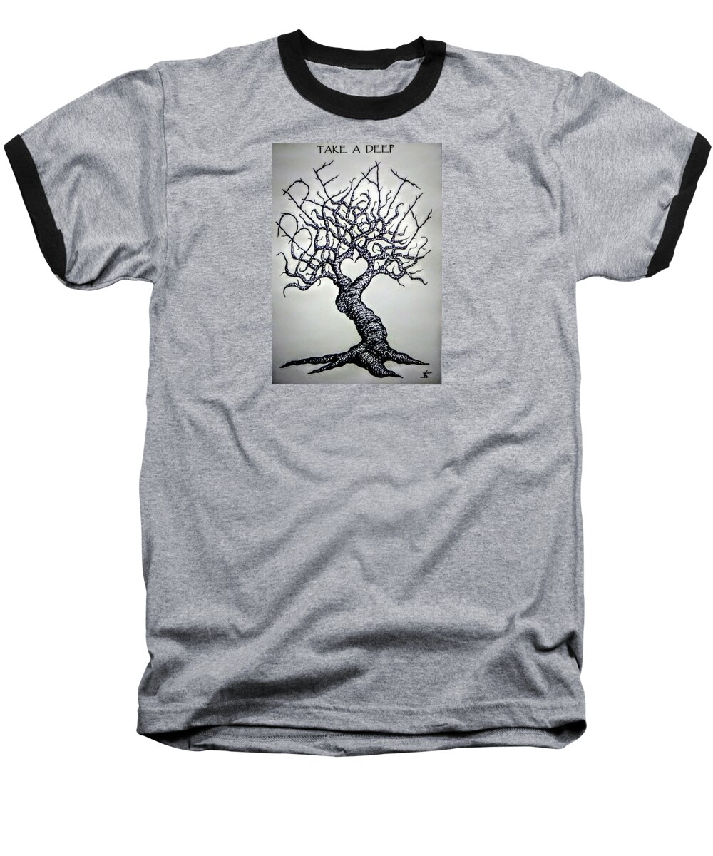 Yoga Baseball T-Shirt featuring the drawing Breathe Love Tree - blk/wht by Aaron Bombalicki