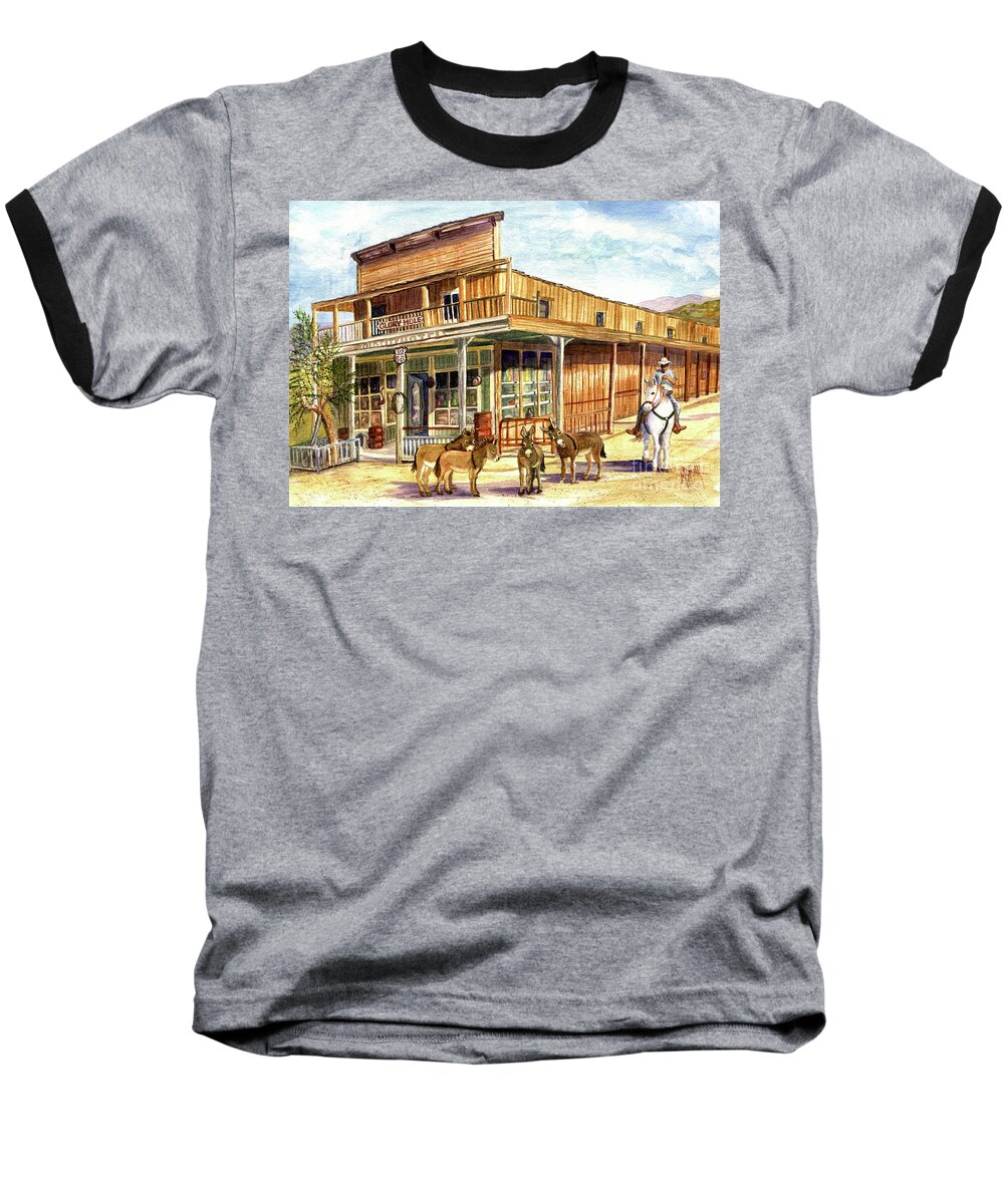 Oatman Baseball T-Shirt featuring the painting Burros Are Back In Town by Marilyn Smith