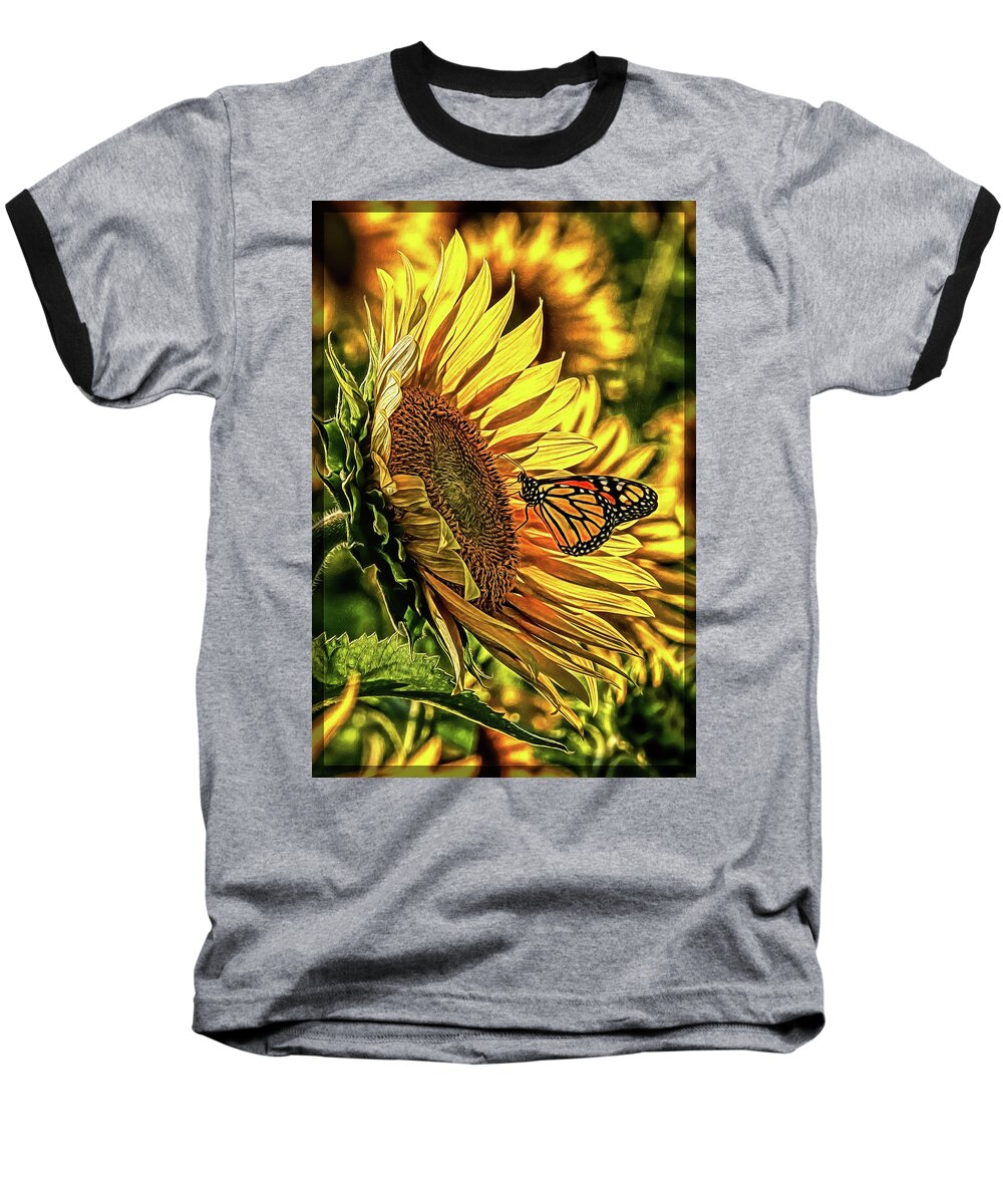 Marias Field Of Hope Baseball T-Shirt featuring the digital art Butterfly and Sunflower at Maria's Field of Hope by Mark Madere