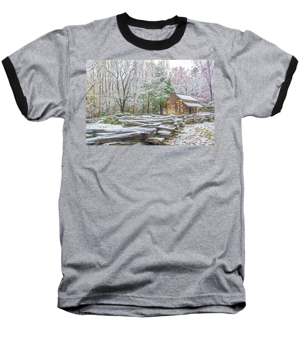 John Baseball T-Shirt featuring the photograph Cabin in Snow by Douglas Wielfaert
