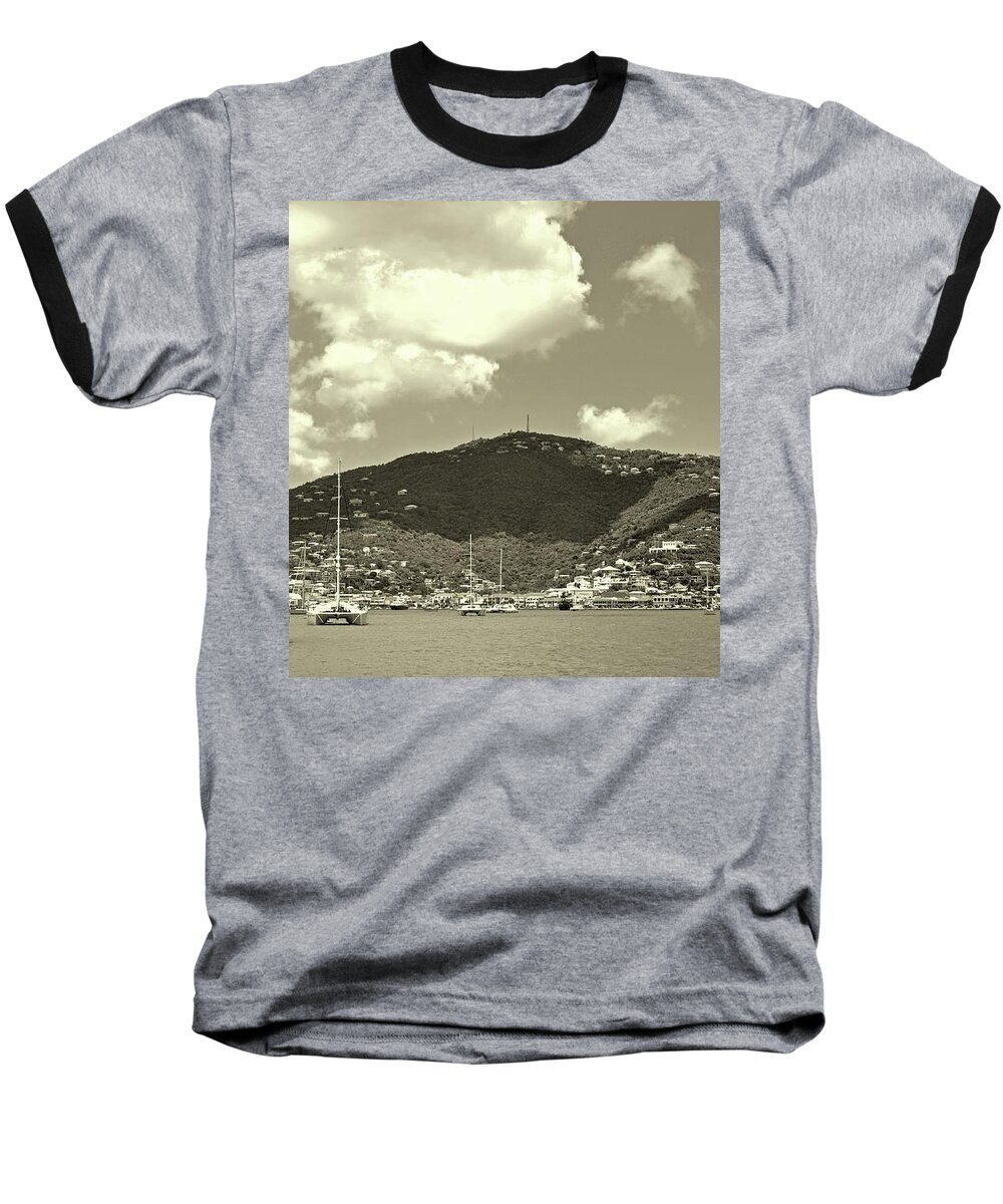 Charlotte Amalie Harbor Baseball T-Shirt featuring the photograph Charlotte Amalie Harbor in Sepia by Climate Change VI - Sales