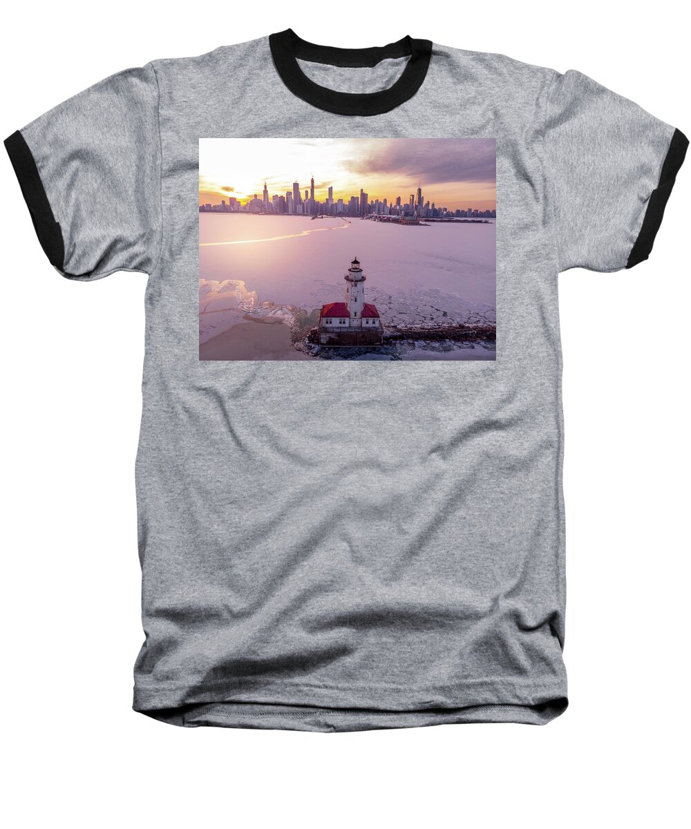 Chicago Baseball T-Shirt featuring the photograph Chicago Harbor Lighthouse Sunset by Bobby K
