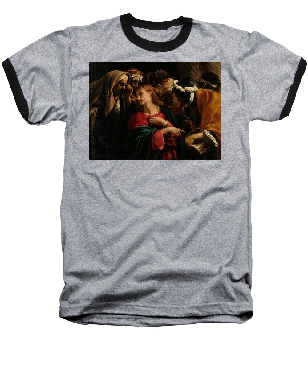 Canvas Baseball T-Shirt featuring the painting Christ among the Doctors. Christus onder de Schriftgeleerden. by Orazio Borgianni