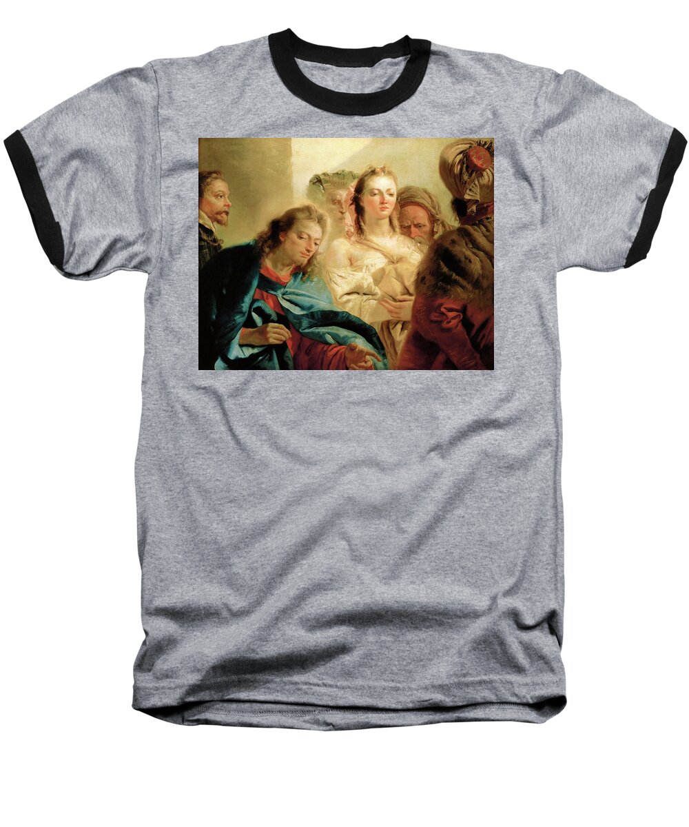 Giovanni Battista Tiepolo Baseball T-Shirt featuring the painting Christ and the Adulteress. Canvas, 112 x 179 cm R. F. 1975-1. by Giambattista Tiepolo -1696-1770-