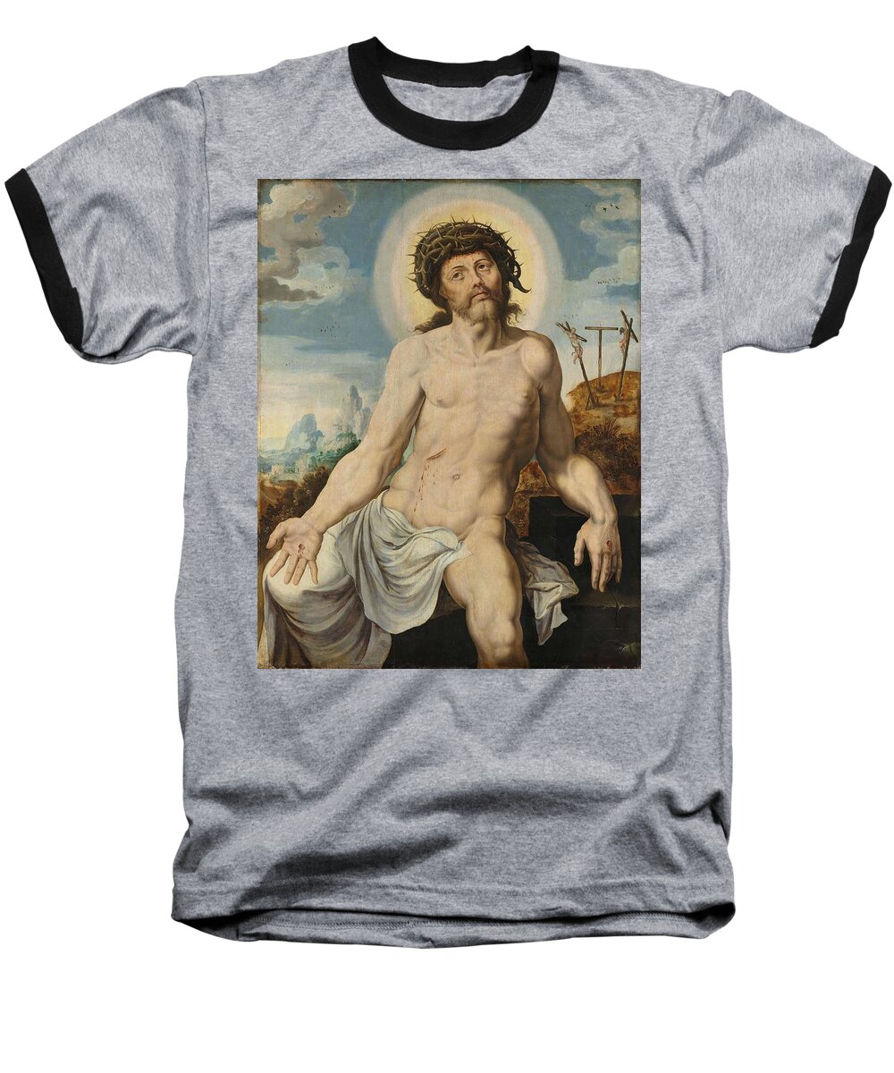 Maarten Van Heemskerck (workshop Of) Baseball T-Shirt featuring the painting Christ as the Man of Sorrows. by Maarten van Heemskerck -workshop of-