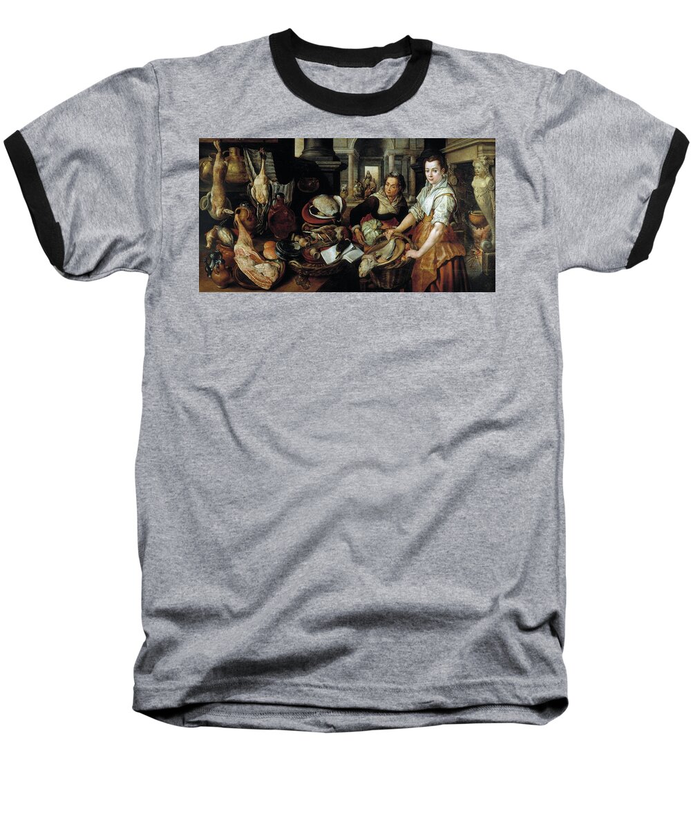 Christ At Home With Martha And Mary Baseball T-Shirt featuring the painting 'Christ at home with Martha and Mary', 1568, Flemish School, Oil on panel, 1... by Joachim Beuckelaer -c 1534-c 1574-