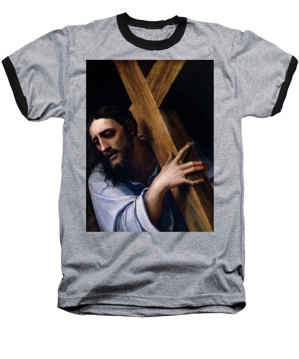 Christ Carrying The Cross Baseball T-Shirt featuring the painting 'Christ carrying the Cross', 1532-1535, Italian School, Oil on slate, 43 ... by Sebastiano del Piombo -c 1485-1547-