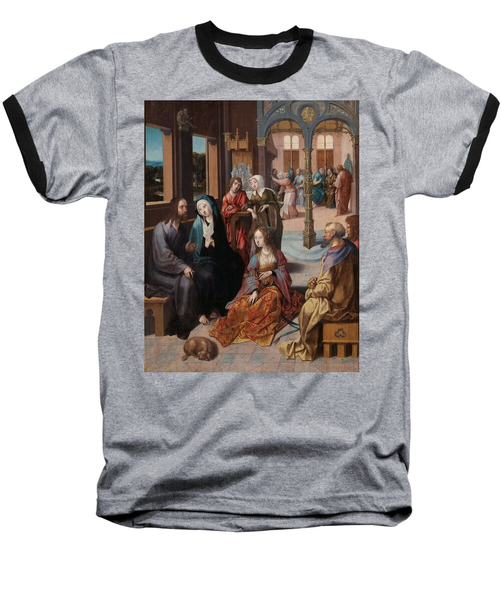 Cornelis Engebrechtsz Baseball T-Shirt featuring the painting Christ's Second Visit to the House of Mary and Martha. by Cornelis Engebrechtsz