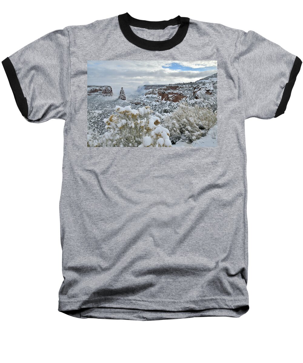Colorado National Monument Baseball T-Shirt featuring the photograph Clouds Break over Snow Covered Independence Canyon by Ray Mathis