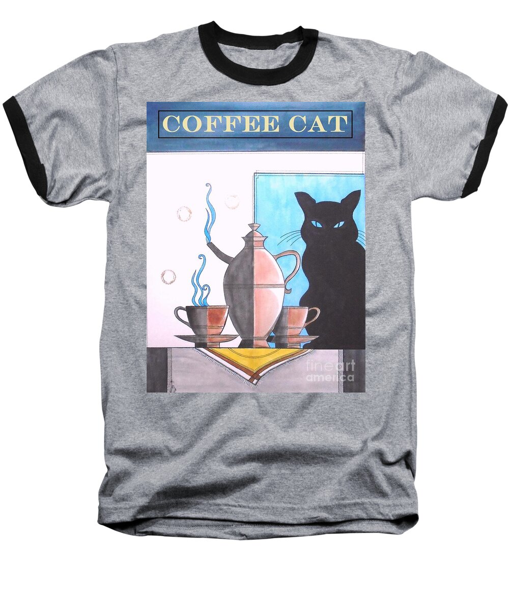 Coffee Baseball T-Shirt featuring the painting Coffee Cat by John Lyes