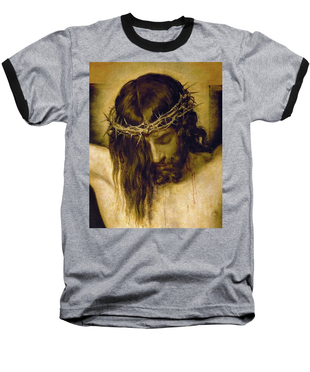 Cristo Crucificado Baseball T-Shirt featuring the painting Crucified Christ -detail of the head-. Cristo crucificado. Madrid, Prado museum. DIEGO VELAZQUEZ . by Diego Velazquez -1599-1660-